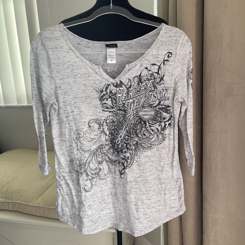 Harley Davidsons Studs Long Branch NJ 3/4 Sleeve Mottled Grey Tee Shirt M